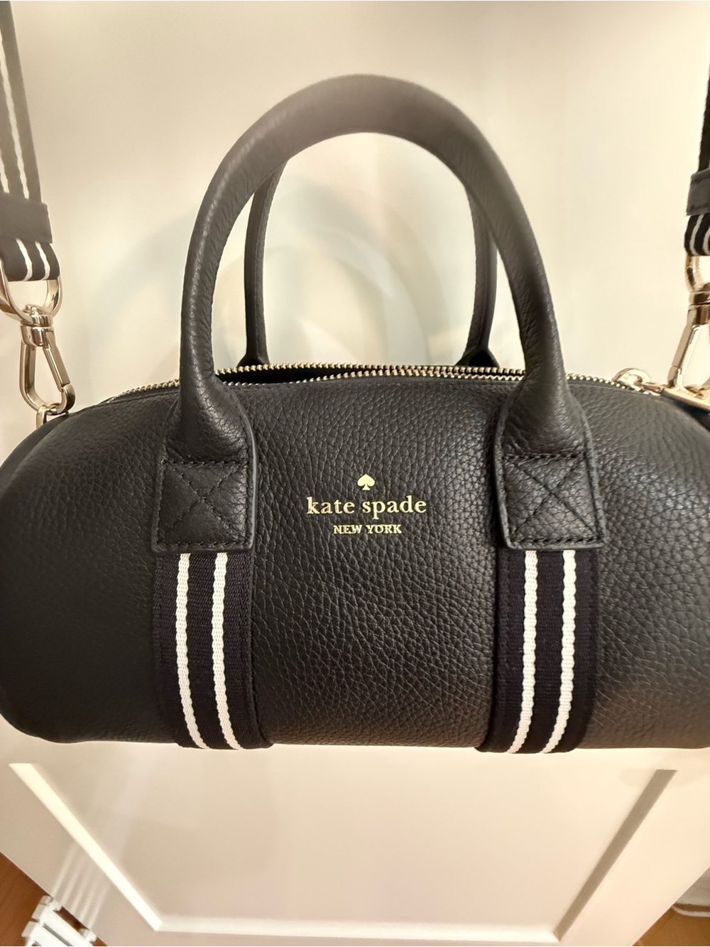 kate spade Black Leather Messenger Bag with White Stripe Accents - Picture 2 of 3